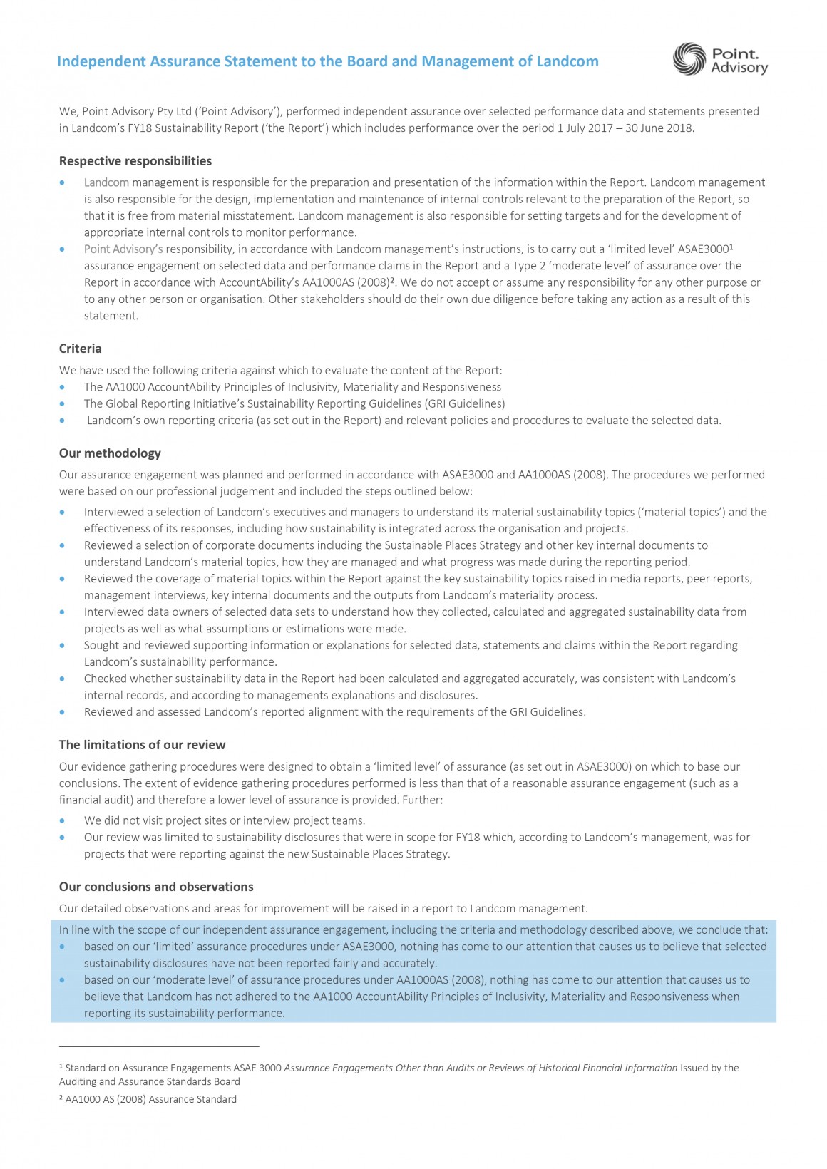 Assurance Statement Landcom 20181031 final Page 1