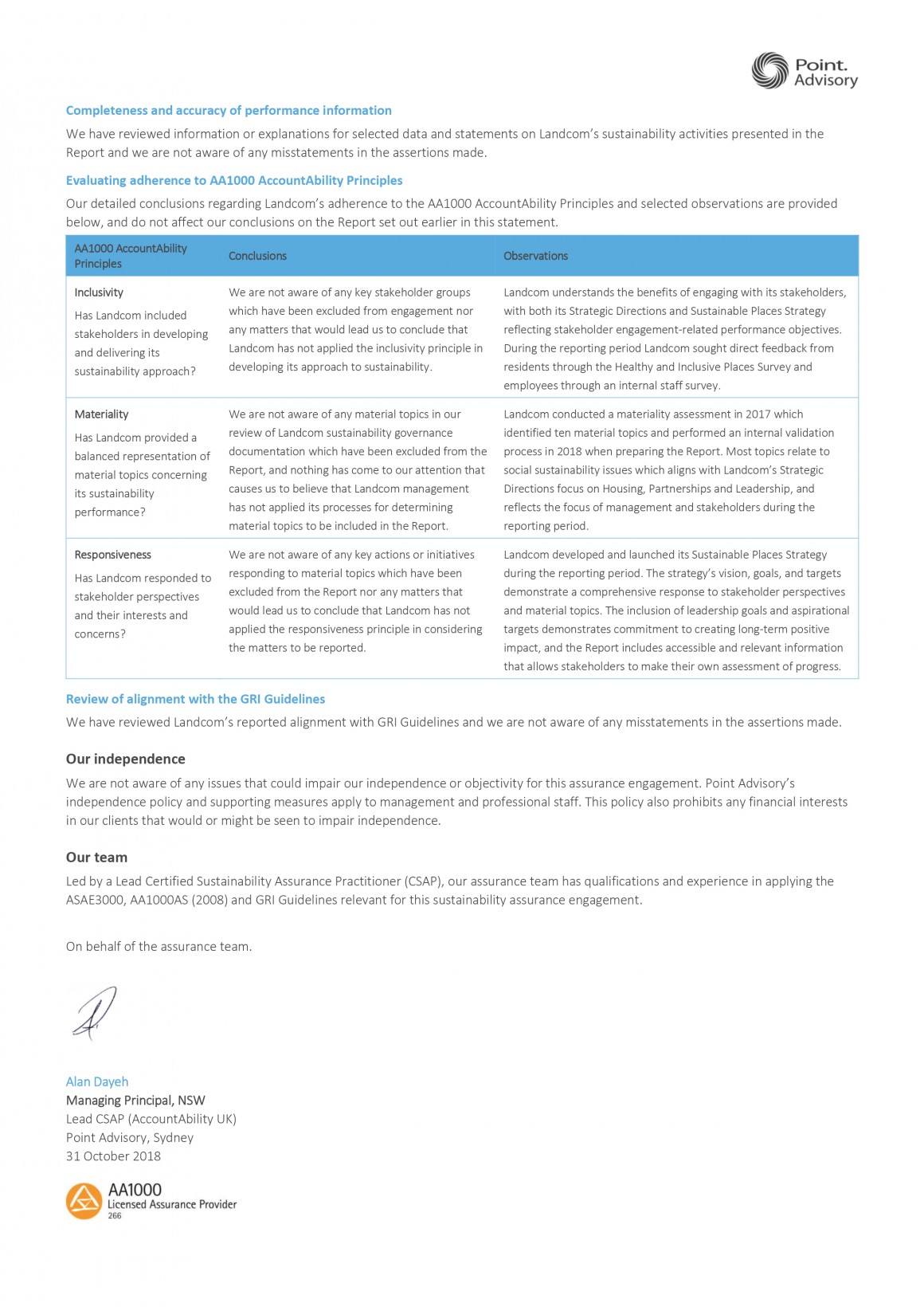 Assurance Statement Landcom 20181031 final Page 2